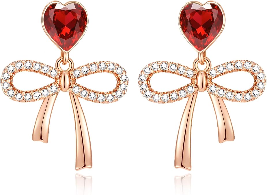 Austrian Crystal Heart Ribbon Bow Dangle Drop Earrings for Women 14K Gold Plated Hypoallergenic Jewelry