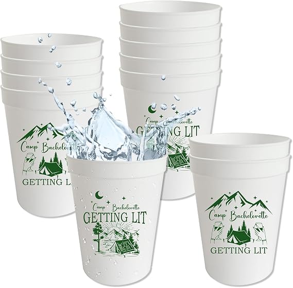 Usumz 16oz Camp Bachelorette Plastic Cups 12Pcs Camping Stadium Birthday Bridal Shower Wedding Drinkware Green White