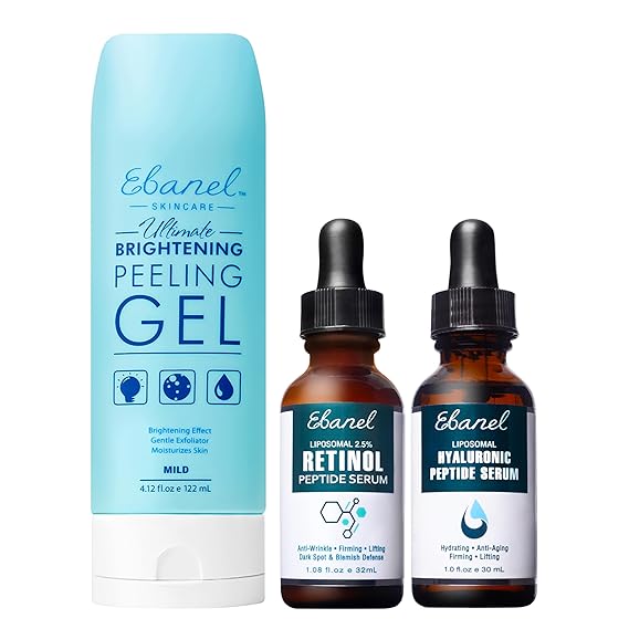 Ebanel Bundle of 2.5% Retinol Serum, Hyaluronic Acid Serum, and Exfoliating Face Scrub Peeling Gel 4.12 Oz