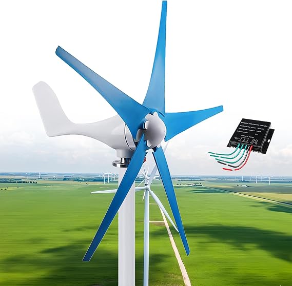 12000W Wind Turbine, DC 12V/24V/48V 5 Blade Wind Vertical Generator, 3 Phase AC Permanent Magnet Generator Wind Turbine Kit with MPPT Controller Suit for Hybrid Solar Wind-System,Blue-12V