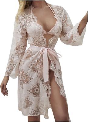 Sexy Lingerie Robe Set for Women 3 Piece Lace Kimono Robe Exotic Bra and Panty Sets Sheer Nightgown Mesh Sleepwear