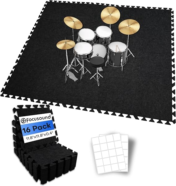 Focusound 16 Pack Interlocking Sound Absorbing Drum Mat, 11.8 x 11.8 x 0.4 inches High Density Sound Dampening Blanket Anti Slip Drum Rug for Music Studio Drum Piano Home Gym(Black)