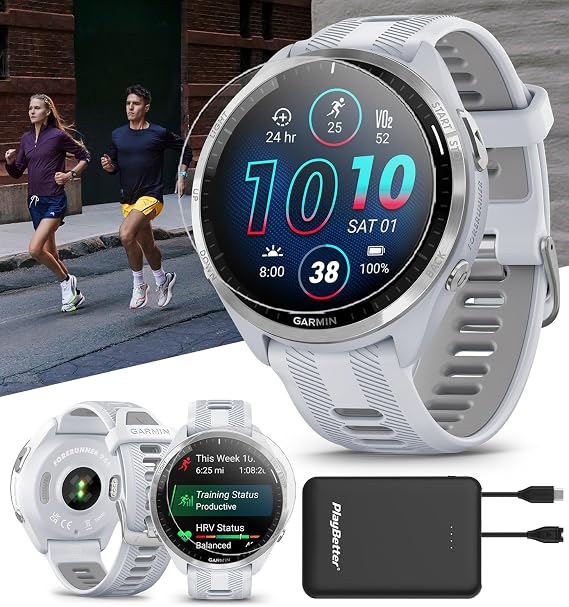 PlayBetter Garmin Forerunner 965 (Whitestone/Gray) Running & Triathlon GPS Smartwatch Bundle - Bright AMOLED Display, Lightweight, 31-Hour Battery - Includes Screen Protectors & Portable Charger