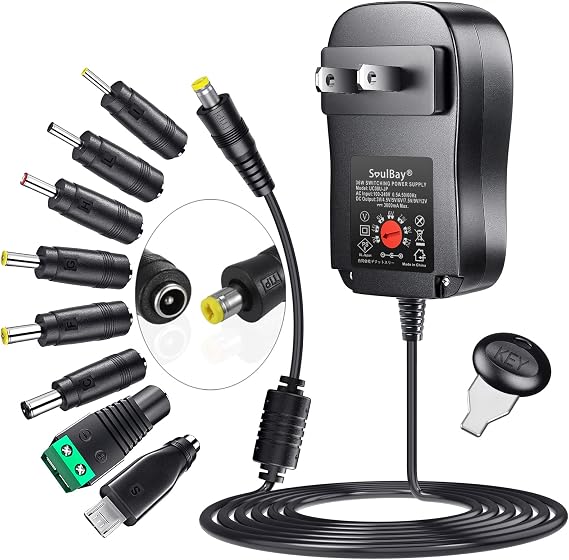 SoulBay 36W Universal AC/DC Power Supply Adapter, 3V-12V 3A, 8 Tips | Switching DC Transformer, 3000mA Max, Multi Voltage, For Household Electronics, Cameras, Routers, Speakers