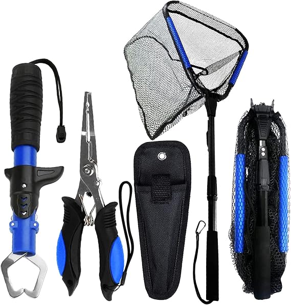 Floating Telescopic Folding Net with 7 Inch Pliers & Lip Gripper - Kids Fishing Net with Foldable Sand Bucket & Fishing Gear Accessories