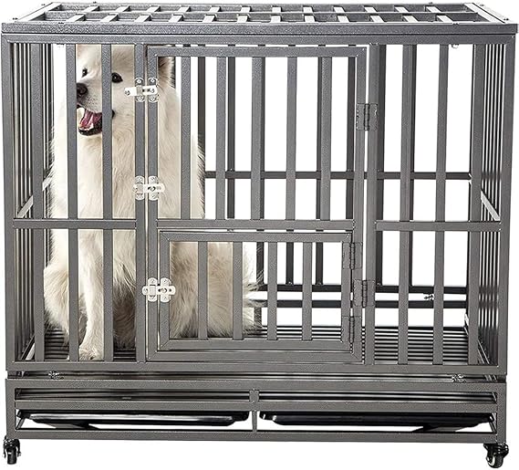 SMONTER 42" Heavy Duty Strong Metal Dog Cage Pet Kennel Crate Playpen Wheels,I Shape, Silver .....