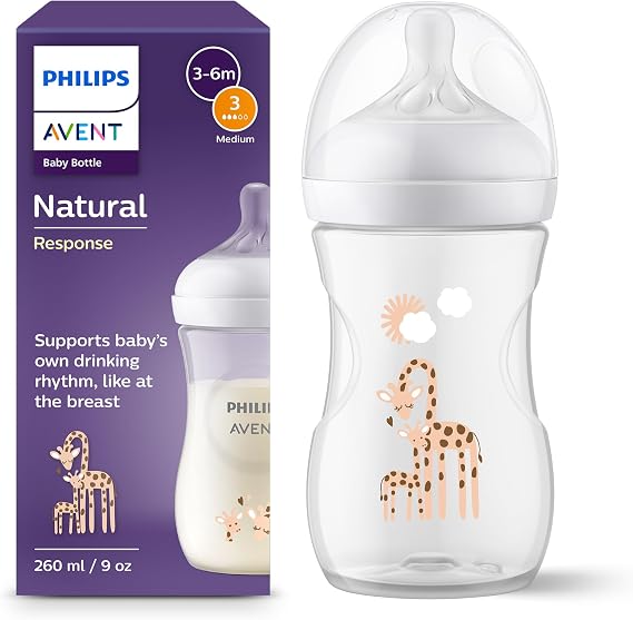 Philips Avent Biberón Natural Response: biberón de 260 ml sin BPA para bebés a partir de 1 mes, estampado Jirafa (modelo SCY903/66)