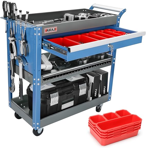 AIRAJ 3 Tier Rolling Tool Cart,Mechanic Tool Cart on Wheels,Industrial Utility Cart with Drawers and Pegboard,440 LBS Capacity Tool Storage Cart for Garage,Warehouse,Blue