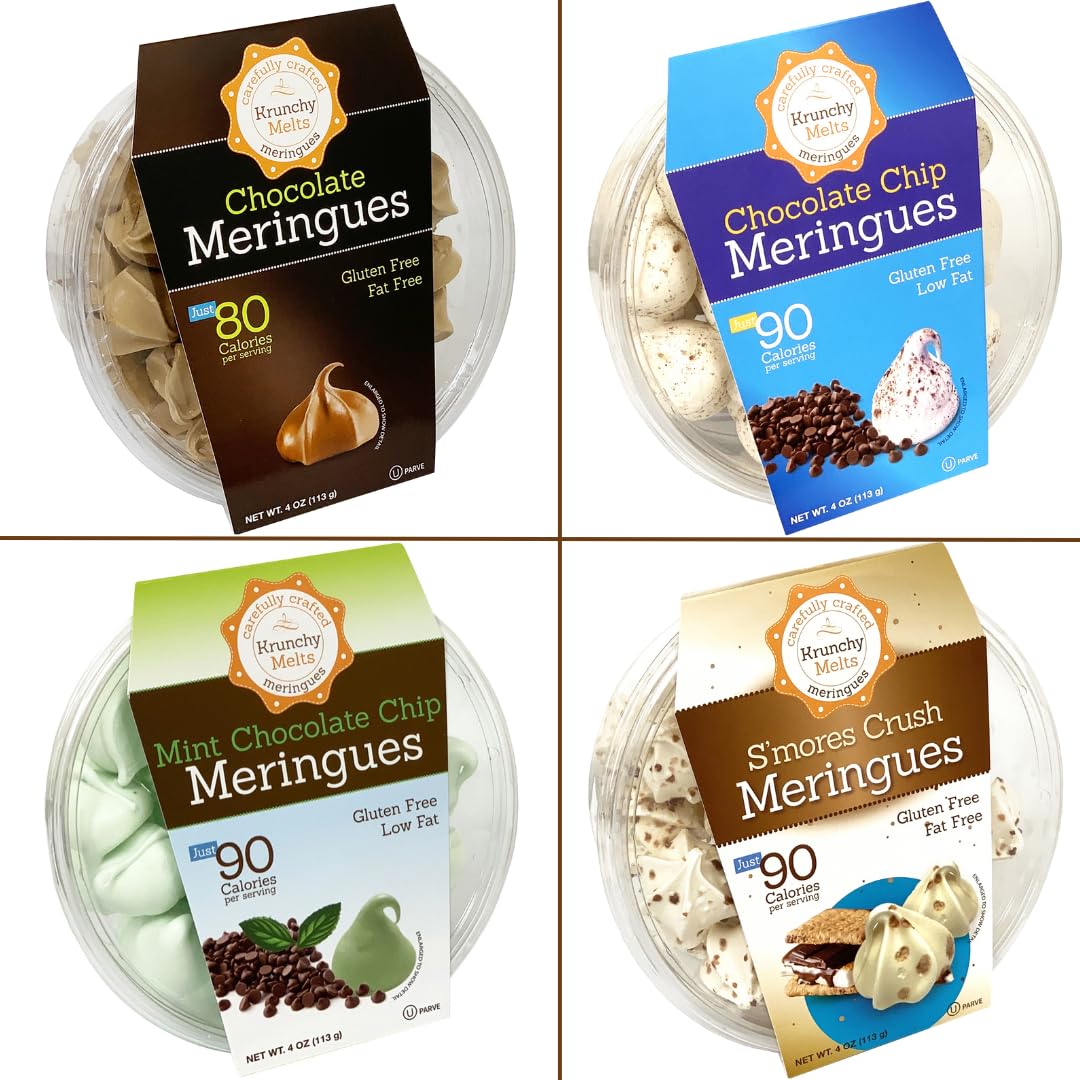 4 Pack Krunchy Melts Original Meringue Cookies | Chocolate Extravaganza 4-Pack | Chocolate, Chocolate Chip, Mint Chocolate Chip, S’mores Crush | Only 80-90 Calories Per Serving | Low FatFat Free, Gluten Free, Dairy Free 4 Oz