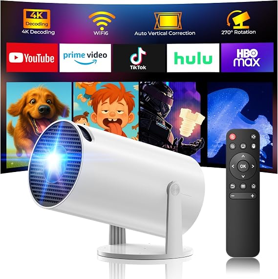 Mini Projector with WiFi and Bluetooth, 4K Projector, 270 Rotatable Portable Projector for Bedroom, 130'' Display Smart Projector Home Theater Compatible with iPhone/TV Stick/HDMI/USB/Laptop