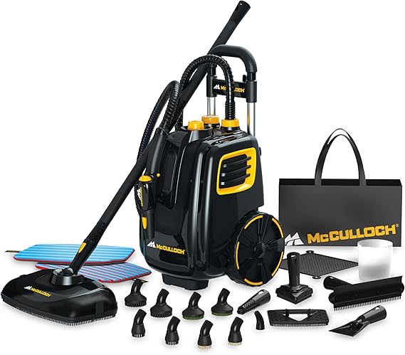 McCulloch MC1385 Deluxe Canister Steam Cleaner, 2-Hour Runtime, Chemical-Free, 23 Accessories: Mop Head, Brushes & More - Built for Home, Tile, Carpet, Furniture, Personal Car Detailing