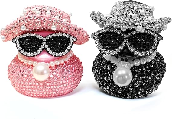 Diamond Rubber Ducks, Car Ducks for Dashboard, Car Ornaments Duck with Cowboy Hat & Sunglasses & Pearl Pendant Necklace, Dashboard Accessories for Dash/board Unique Ducking Decoration