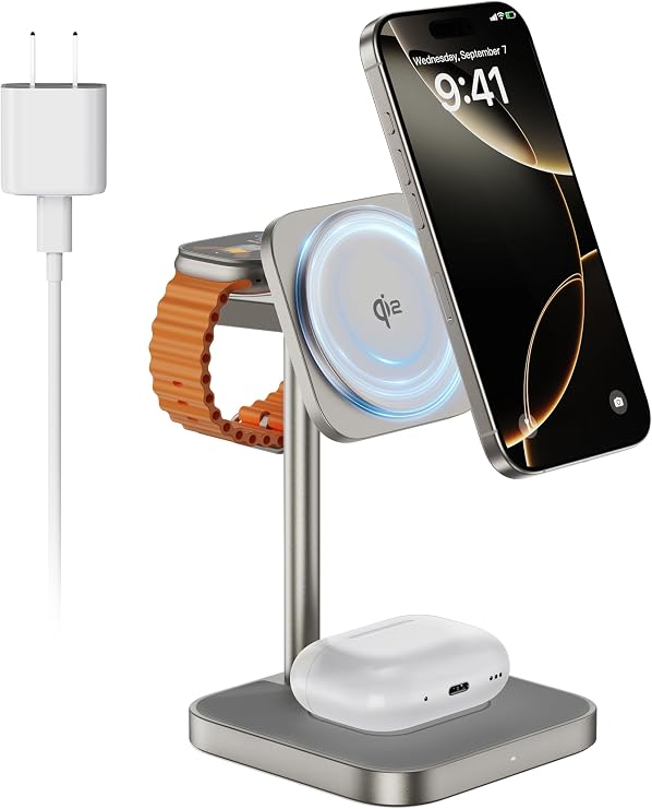 [Qi2 Certified ] LULULOOK 3 in 1 Charging Station, 15W QI2 Wireless Charger Stand Magnetic Charger for iPhone 18/17/16/15/14/13/12 Series, AirPods Pro 3/4, Apple Watch with 30W PD Adapter