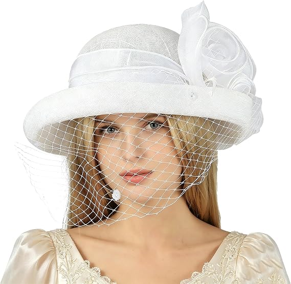 Womens Flower Church Derby Hat with Veil Fascinator Wedding Bridal Tea Party Hats Bowler Cloche Sun Bucket Hat