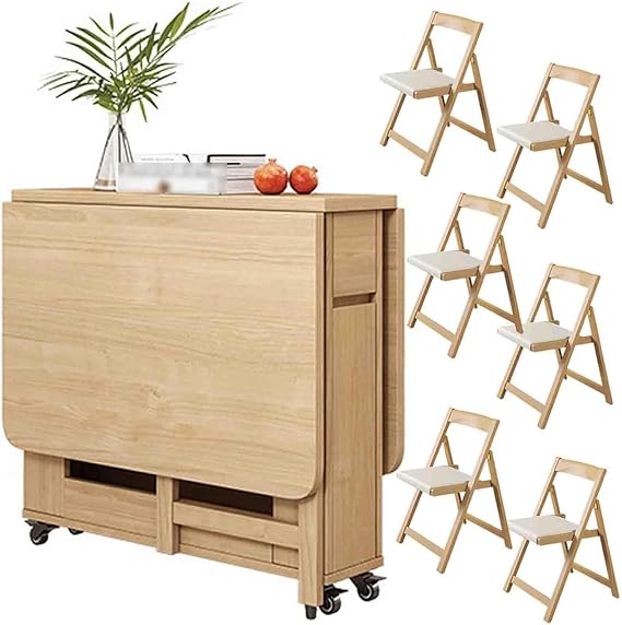 Extendable Solid Wood Drop Leaf Table, Folding Dining Table Set With 6 Padded Chairs, Space Saving Compact Design For Home Living Room Restaurant Mobile Kitchen Table