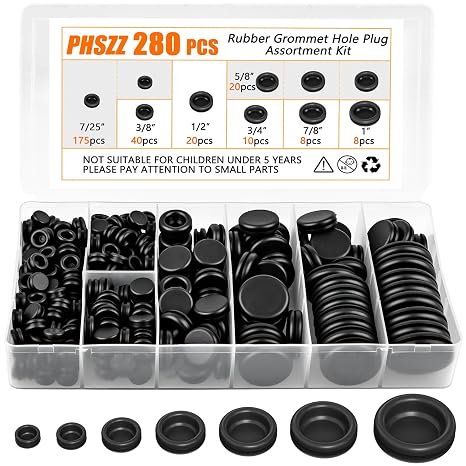 PSHZZ 280 PCS Rubber Grommet Kit, Rubber Hole Grommet Gaskets Assortment for Wiring, Wire, Automotive, Firewall, Sheet Metal, Hardware Repair, 7 Sizes 7/25", 3/8", 1/2", 5/8", 3/4", 7/8", 1"