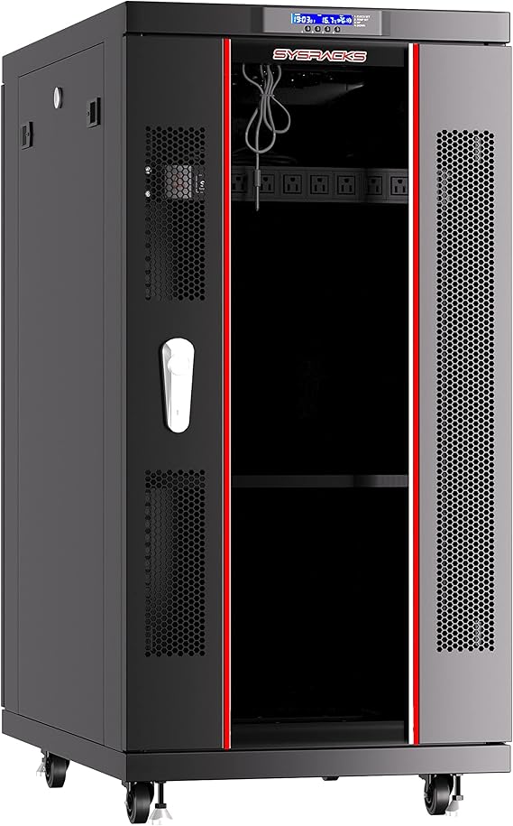 18U Home Server Rack Cabinet 19" Floor Standing Network Rack, 32" Deep Homelab Rack with Locking Glass Door, Cooling Fans, PDU & Shelf for NAS, Router, Switch and AV Equipment