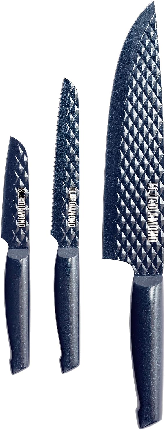 Blue Diamond Sharp Stone Nonstick Stainless Steel Cutlery, 3 Piece Set including Chef Serrated and Pairing Knives with Covers, Diamond Texture Blade, Dishwasher Safe, Blue