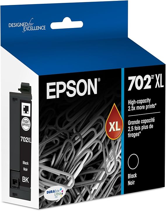 Epson 702XL Genuine High Capacity Black Ink Cartridge T702XL120 | High Capacity for WorkForce Pro WF-3720 WF-3730 WF-3733 Printers