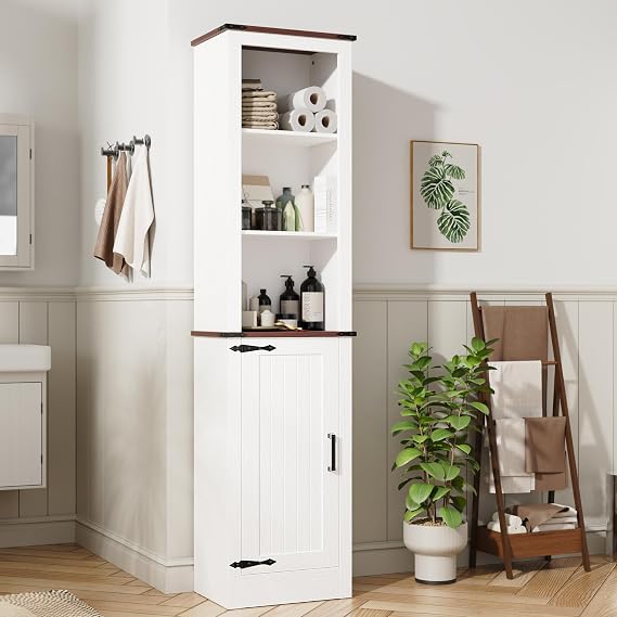 MHOM 71" Tall Bathroom Storage Cabinet, Farmhouse Storage Cabinet with Adjustable Shelves, Narrow Linen Tower Cabinet for Bathroom, Laundry, and, Living Room, White