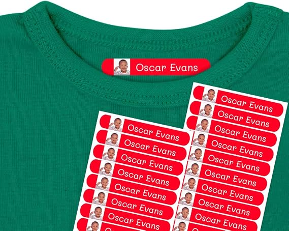 50 Personalized Clothing Labels with Photo or Image | Iron-on Vinyl Labels to Mark Any Garment. 6 x 1 cms. Basic Red Color