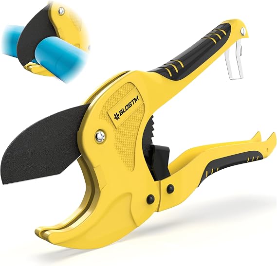BLOSTM Plastic Pipe Cutter - Heavy Duty Ratchet Pipe Cutters (Yellow) | 42mm Outside Diameter Cutting Capacity for PVC PEX PPR Plastic Pipes & Rubber Hoses, Ergonomic Non-Slip Handle & Safety Lock