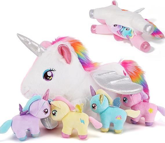 gnomantic Unicorn Stuffed Animals with Babies Inside, Mommy Toy for Kids | 5-Piece set: 1 mommy unicorn + 4 baby unicorns inside. Unzip belly to reveal surprise babies. Ultra-soft, ages 3-8.