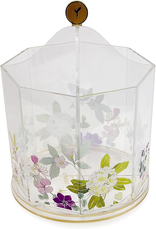 Designstyles Papyrus Acrylic Pen Holder for Desk Clear Spinner Organizer with Double Sided Floral Prints Small Desktop Stationary Organizer for Pens, Pencils, Markers, and More Office Supplies