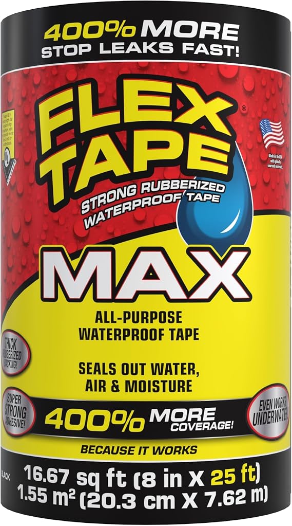 Flex Tape, MAX, Original Thick Flexible Rubberized Waterproof Tape - Seal and Patch Leaks, Works Underwater, Indoor Outdoor - Home RV Roof and Pool Repairs, Black, 8 in x 25 ft, Pack of 1