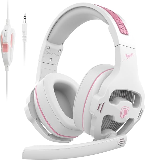 SA726 Stereo Gaming Headset for Xbox One PS4 PS5 Controller Over Ear Headphones with Mic Noise Cancelling Headset for PC Xbox Series White Pink