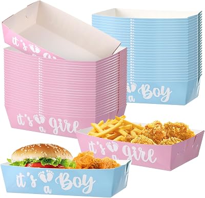 Rainmae 50 Pcs Gender Reveal Food Boats, Disposable Gender Reveal Party Supplies Trays, Boy or Girl Paper Food Serving Trays Pink and Blue Snacks, Snack Serving Trays for Hot Dog, Popcorn, Picnics