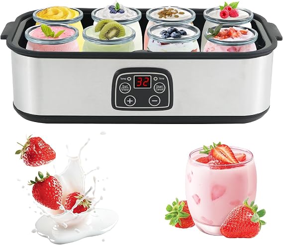 Yogurt Maker 1500ml with 8 Glass Jars, Stainless Steel Yogurt Maker Machine with LED Display, Adjustable Temp and 48H Timer, for Making Organic Yogurt, Healthy Homemade Desserts (8×180ml Glass Jars)