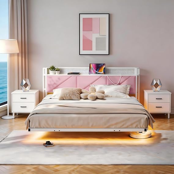 King Size Bed Frame with Floating Upholstered Storage Headboard,Pink | 150x200cm Metal Bed Frame with LED Lights & USB Charging, 5ft King Platform Bed, Heavy Duty Metal Slats, Noise Free