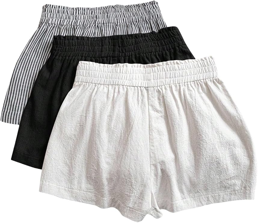 WDIRARA Women's 3 Pack Linen Shorts Comfy Lounge Shorts Sets