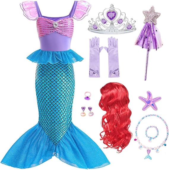 iTVTi Girls Mermaid Princess Costume with Wig | Little Kids Dress with Accessories, Toddler Halloween outfit, Fishtail hem, Birthday, Theme Parties, Christmas Role-Playing