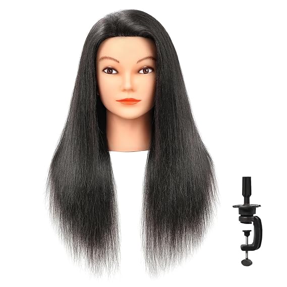100% Human Real Hair Mannequin Head with Stand, Hairdressers' Practice Training Head and Cosmotology Doll Head for Hairstyling and Braid - Natural Black