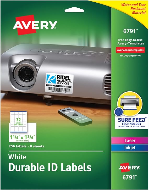Avery Durable ID Labels, Permanent Adhesive, 1-1/4" x 1-3/4", Pack of 256 (6791)