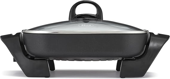 bella Electric Skillet and Frying Pan with Glass Lid, Nonstick Coating, Cool Touch Handles, Removable Heating Probe, Dishwasher Safe, 12 x 12 inch, Black, PFOA & PTFE Free