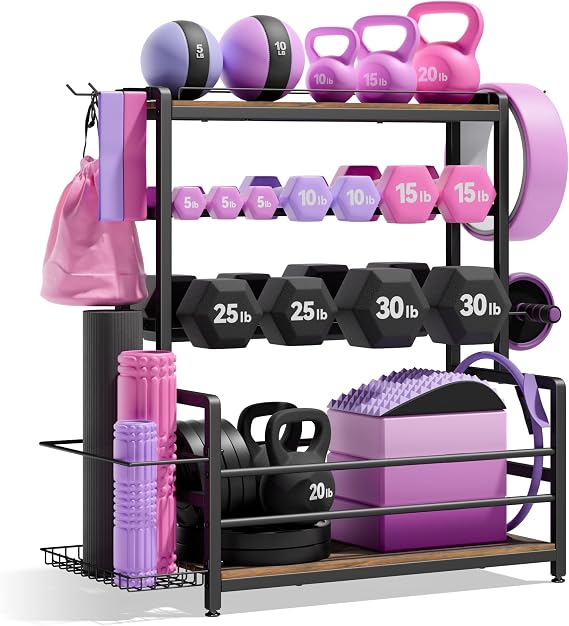 Gym Home Equipment Weight Rack 3Tier Workout Storage Stand for Dumbbells & Kettlebells, Medicine Ball Holder, Steel Organizer with Side Basket, Hooks