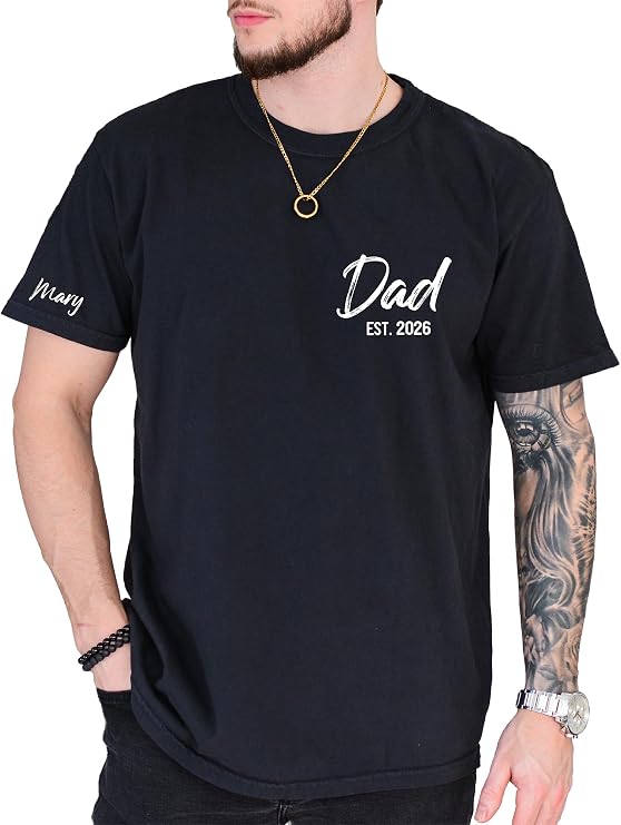 Personalized Dad Shirt with Kids Names on Sleeve Custom Dad Tshirt Est 2026 Daddy T Shirt Gift for Father's Day Birthday Gift for Father from Daughter Multicolor