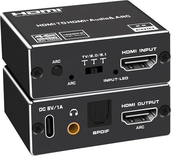 HDMI ARC Audio Extractor, 4K@60Hz HDMI ARC Adapter to Optical/SPDIF/3.5mm AUX Audio Adapter Converter Splitter Support LPCM 5.1/DTS/DSD for Laptop/TV Box/DVD/PS5/Soundbar/Speaker/Amplifier
