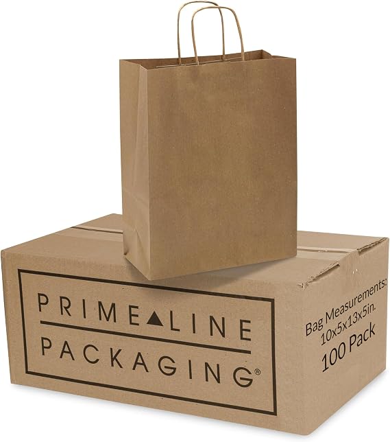 Prime Line Packaging Brown Paper Bags with Handles, 10x5x13 inch, 100 Pack