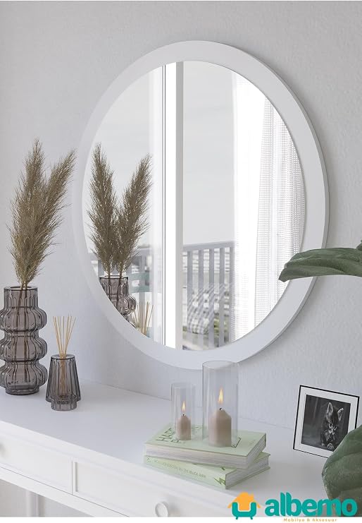 Beyaz Ahşap Dekoratif Yuvarlak Antre Hol Koridor Duvar Salon Mutfak Banyo Wc Ofis Aynası 42 Cm Beyaz