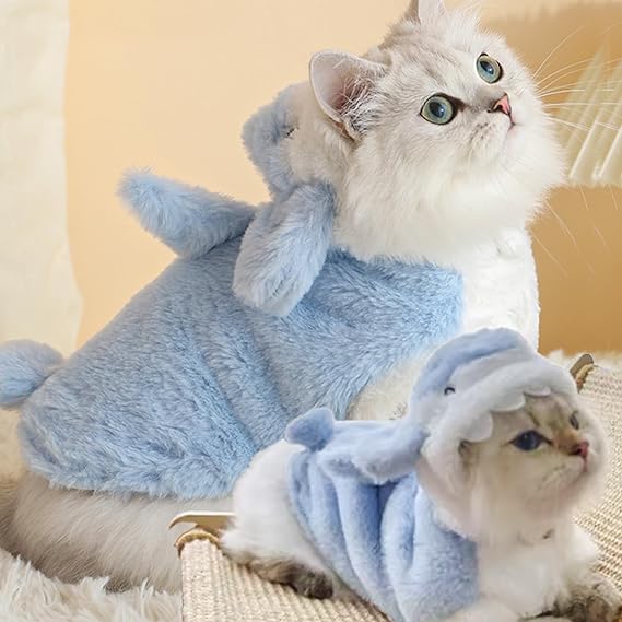 ZPHXD Cat Clothes Fuzzy Shark Transformation Outfit, Funny Autumn and Winter Cat Costume German Cat Winter Fashion Warm Clothing for Cats and Dogs in Winter (Small,Blue Shark)