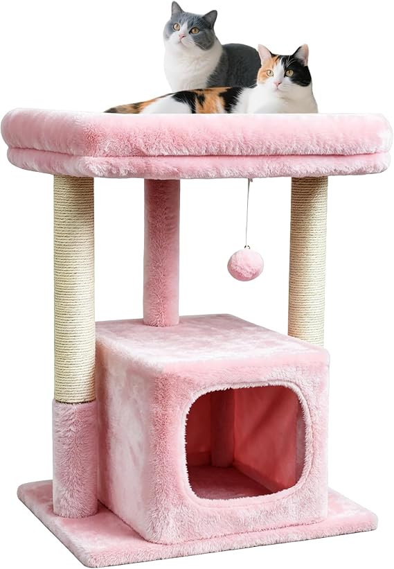 SYANDLVY Small Cat Tree for Indoor Cats Large Adult, 27" Activity Tower with Scratching Posts, Modern House with Padded Perch, Kittens Condo, Cat Cave, Pink