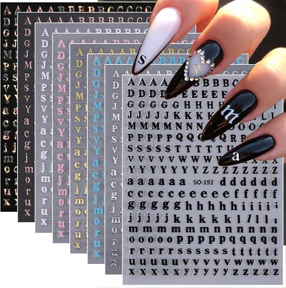 8 Sheets Letter Nail Stickers Gold Silver English Alphabet Nail Art Stickers 3D Self-Adhesive Alphabet Nail Design White Black Laser Personalized Letter for Women Girls DIY Nail Decoration