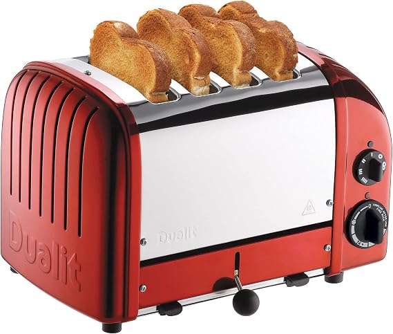 Dualit Classic 4 Slice NewGen Apple Candy Red Toaster - Hand Built in the UK Replaceable ProHeat Elements - Heat 1/2/3/4 Toast Slices, Defrost Bread, Mechanical Timer - For Toast, Bagels & More
