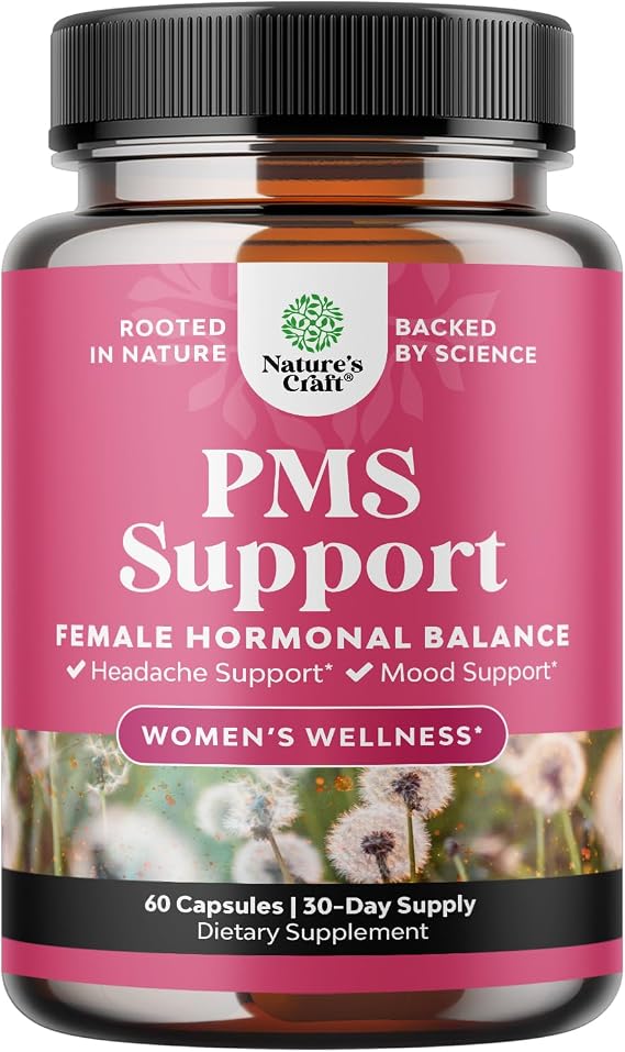 PMS Support Supplement for Women Hormone Balance for Women & Menstrual Discomfort with DIM, Chasteberry, Black Cohosh & Ashwagandha - for Period Cramps Ease, Menopause Bloating, Mood Swing 60 Ct