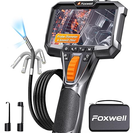 FOXWELL Elite Dual Lens 2-Way 220 Articulating Borescope, 0.25in Endoscope | Ultra-Slim Probe, HD IPS Display, IP67, Flexible Inspection Camera with Light for Automotive, HVAC, Wall & Industrial, 5.3FT