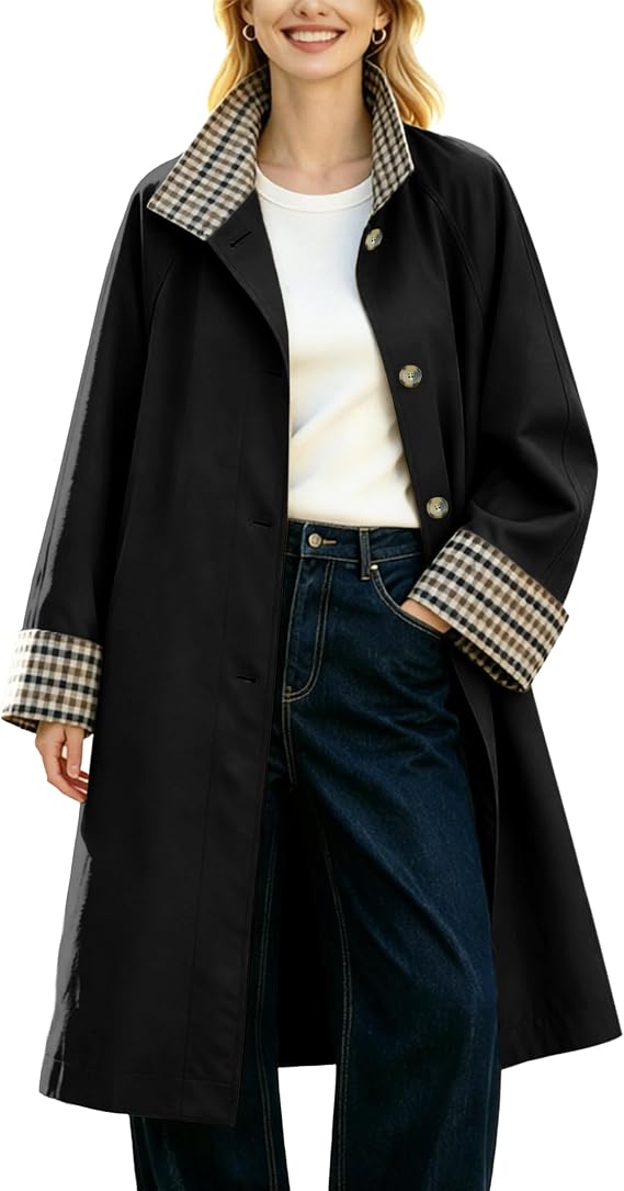 LTSCNRM Women's Plaid Spliced Long Trench Coat Single Breasted